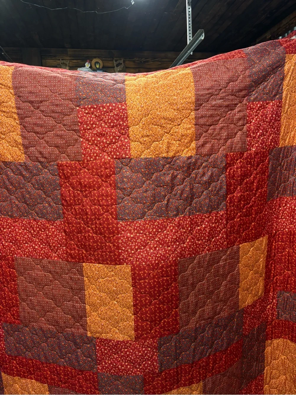 Warm Tones Patchwork Comforter in Red, Orange, and Brown